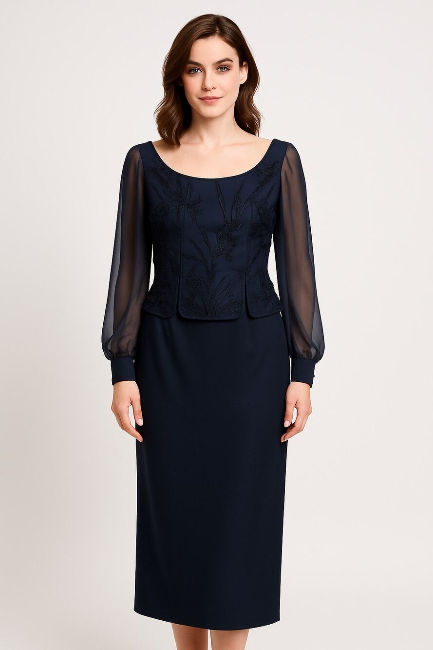 1990s Eve of Milady Navy Beaded Evening Dress with Sheer Sleeves M - L